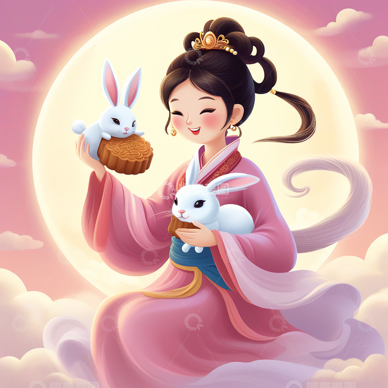 高清大图下载【趣麦麦图】中秋八月十五嫦娥玉兔过中秋中国风场景