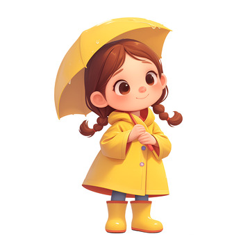 撑着雨伞穿着雨衣雨鞋的小女孩