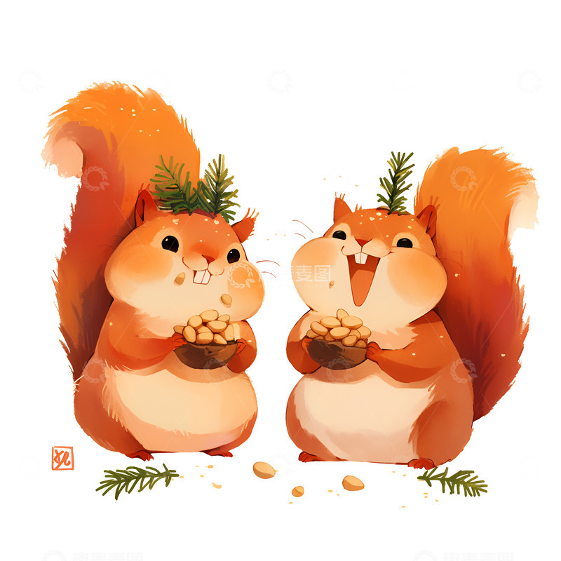 高清大图下载【趣麦麦图】两个吃松子的可爱松鼠