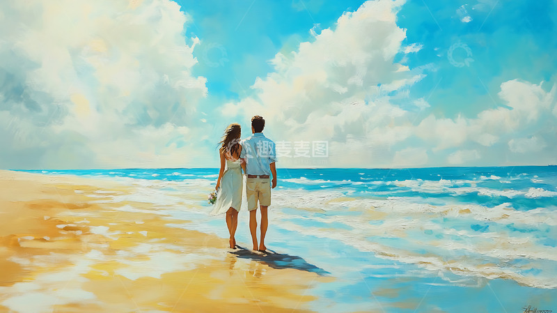 高清大图下载【趣麦麦图】情侣在海滩散步