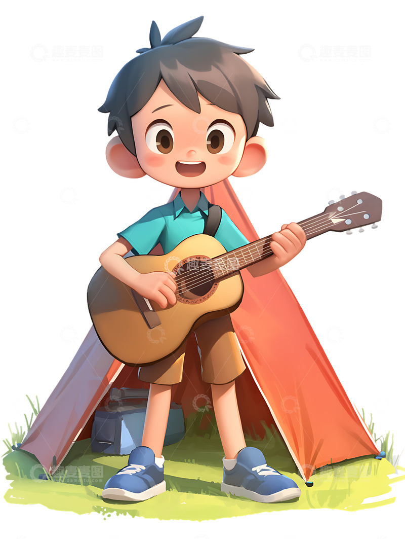 高清大图下载【趣麦麦图】男孩在帐篷前弹吉他