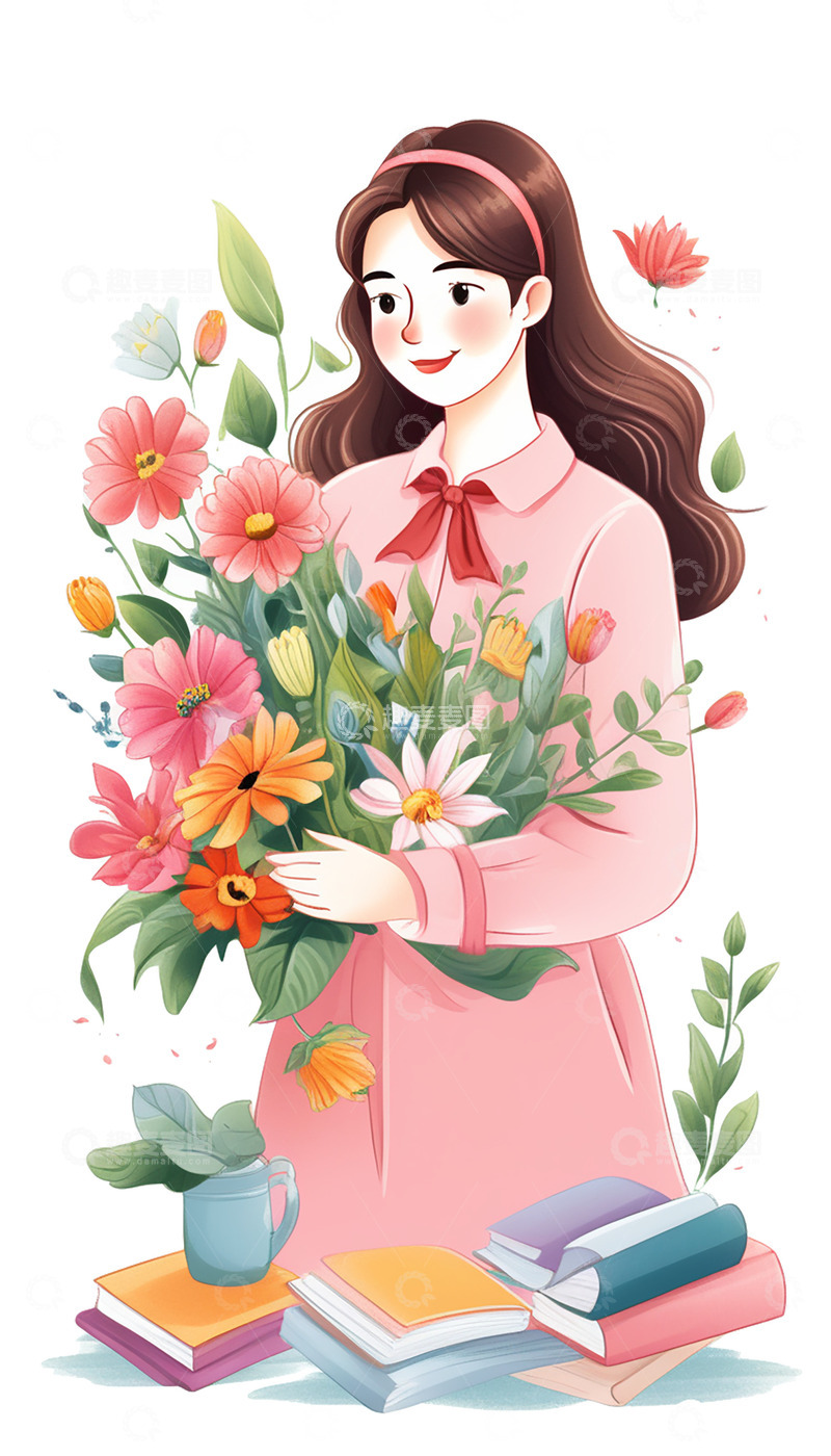 高清大图下载【趣麦麦图】教师节在讲台上抱着鲜花的老师