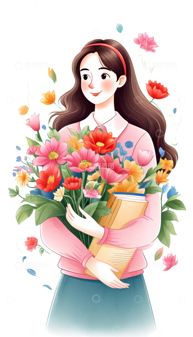 高清大图下载【趣麦麦图】教师节老师抱着鲜花和书本