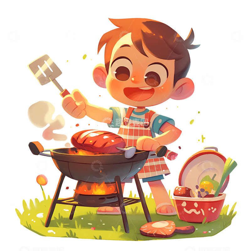 高清大图下载【趣麦麦图】架着火炉烤肉的小男孩