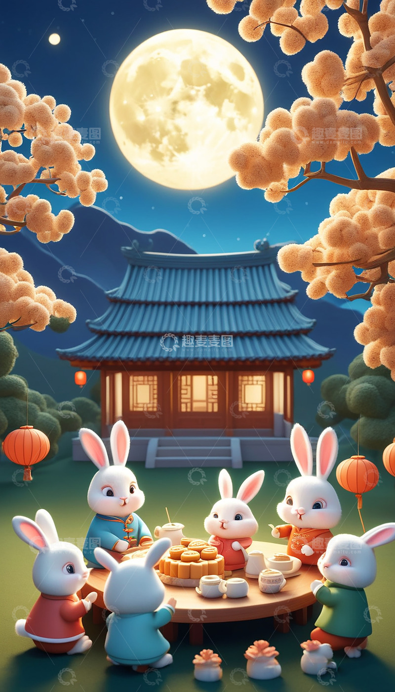 高清大图下载【趣麦麦图】几个小兔子围坐在桌子庆祝中秋