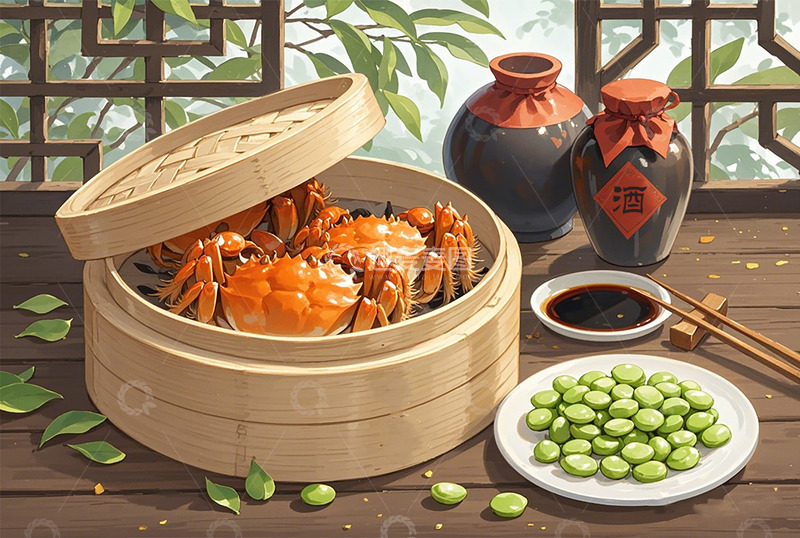 高清大图下载【趣麦麦图】放在桌上的大闸蟹和一坛酒插画背景图