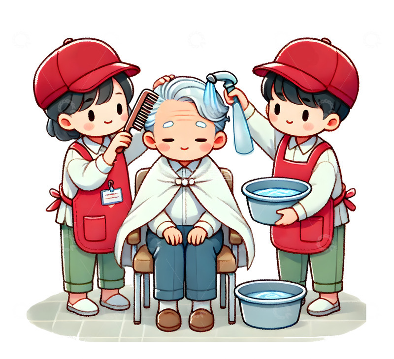 高清大图下载【趣麦麦图】给老人理发公益活动插画