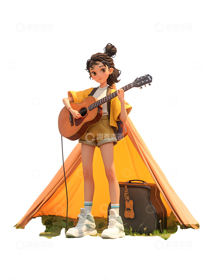 高清大图下载【趣麦麦图】女孩在帐篷弹吉他