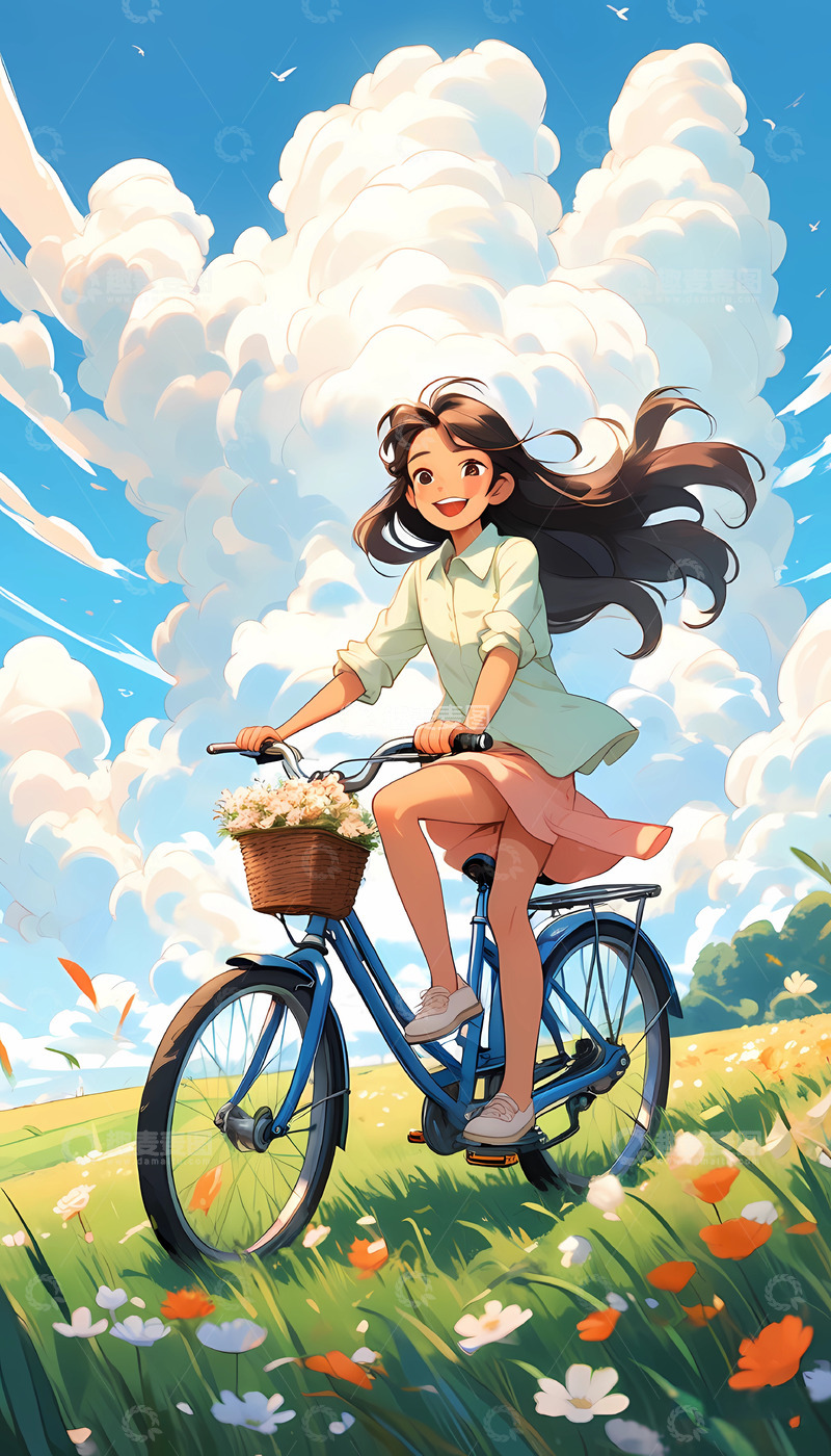 高清大图下载【趣麦麦图】手机壁纸骑自行车的小女孩