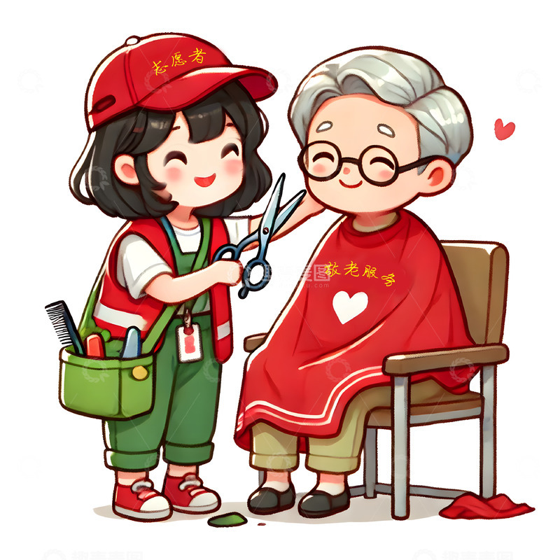 高清大图下载【趣麦麦图】重阳节为老人理发卡通插画素材