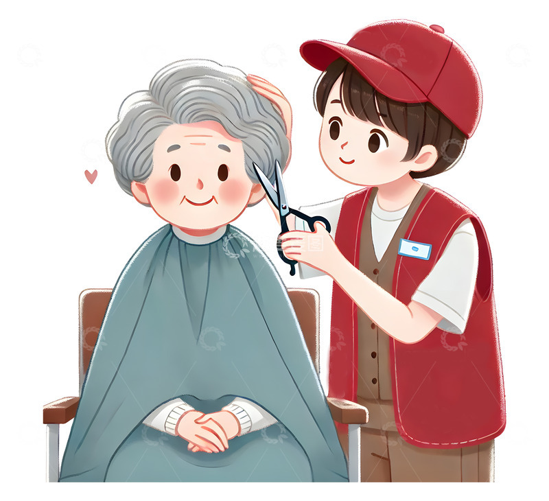 高清大图下载【趣麦麦图】志愿者为老人理发场景插画