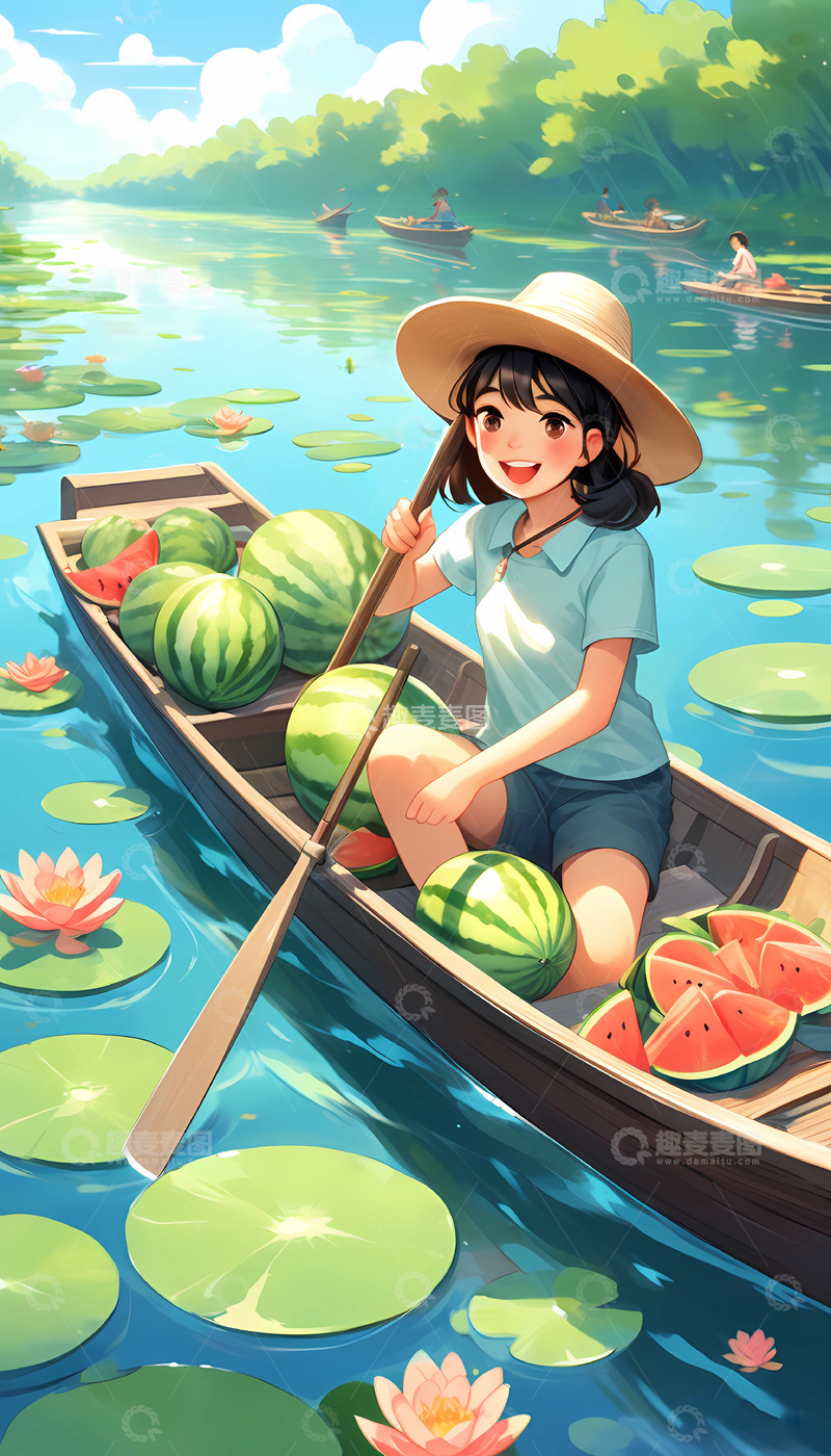 高清大图下载【趣麦麦图】夏季海报河里划船插画