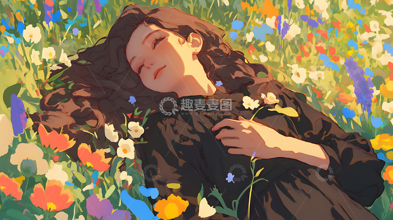 高清大图下载【趣麦麦图】女孩躺在花丛中卡通