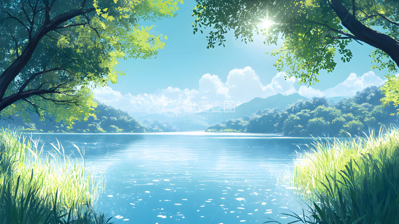 高清大图下载【趣麦麦图】阳光下的湖泊与青山插画