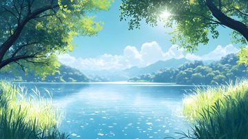 阳光下的湖泊与青山插画