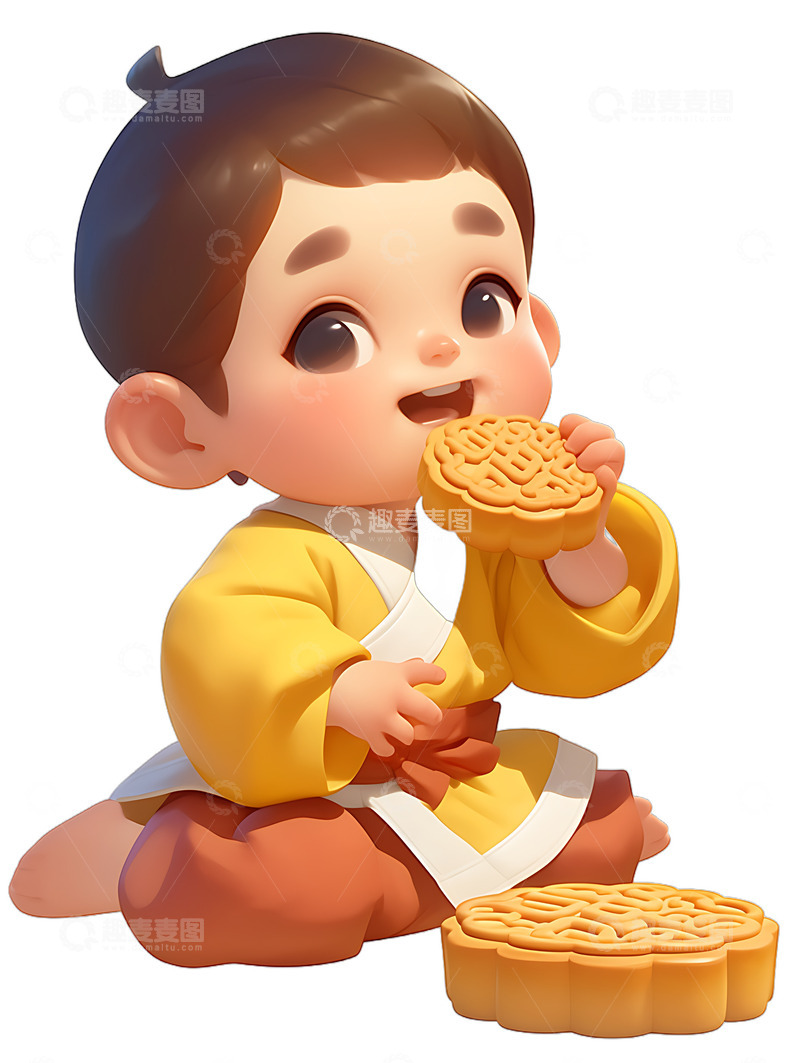 高清大图下载【趣麦麦图】开心中秋吃月饼小孩