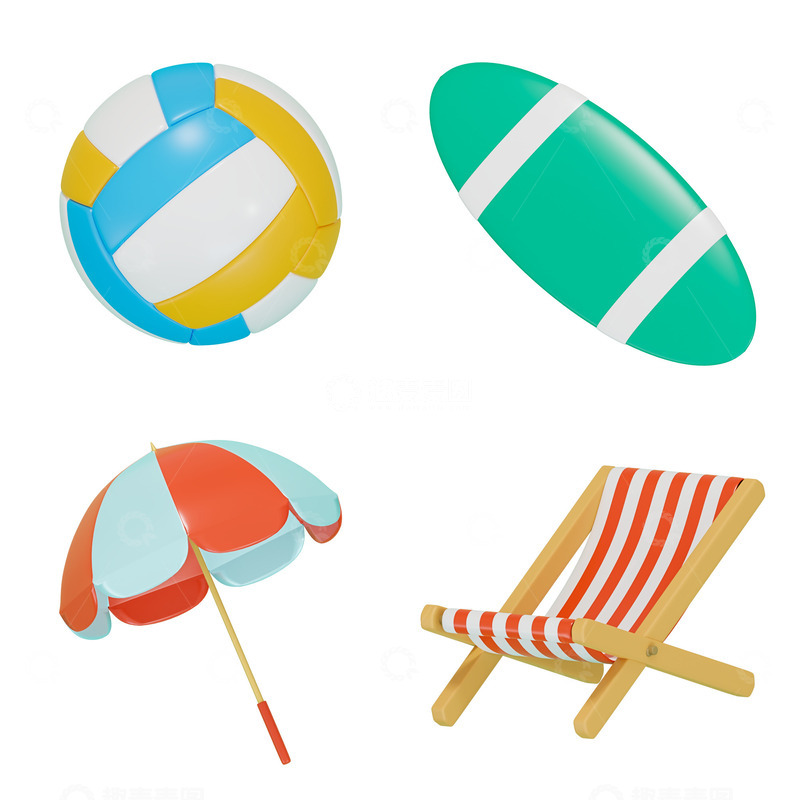 源文件下载【趣麦麦图】3D立体排球沙滩椅卡通沙滩度假元素