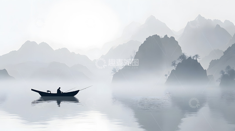 高清大图下载【趣麦麦图】水墨山水中的孤舟