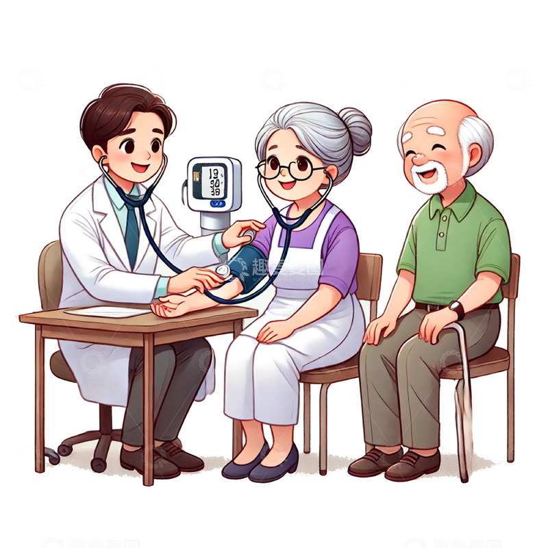 高清大图下载【趣麦麦图】量血压关爱老人插画