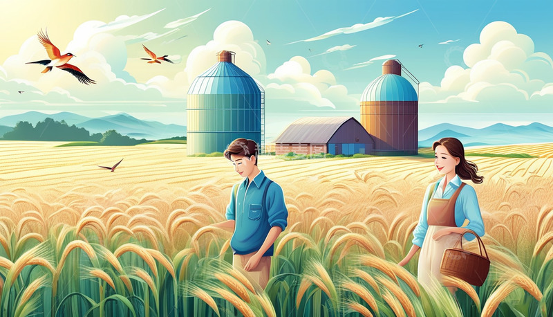 高清大图下载【趣麦麦图】秋收稻田里的情侣插画