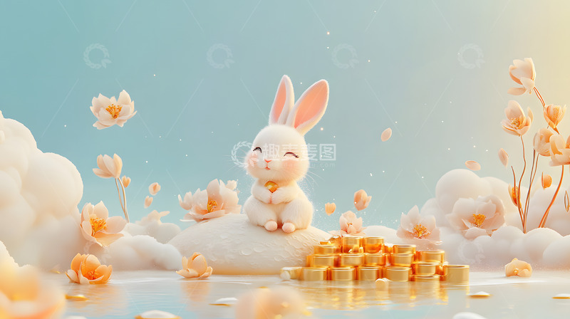 高清大图下载【趣麦麦图】C4D梦幻中秋节兔子月亮金色