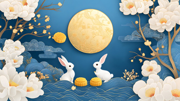 C4D梦幻蓝色天空圆圆月亮中秋兔子