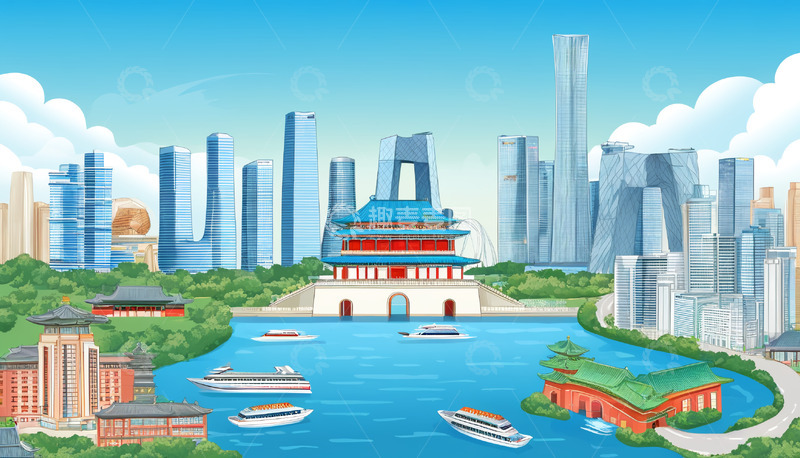 高清大图下载【趣麦麦图】手绘卷轴北京地标插画