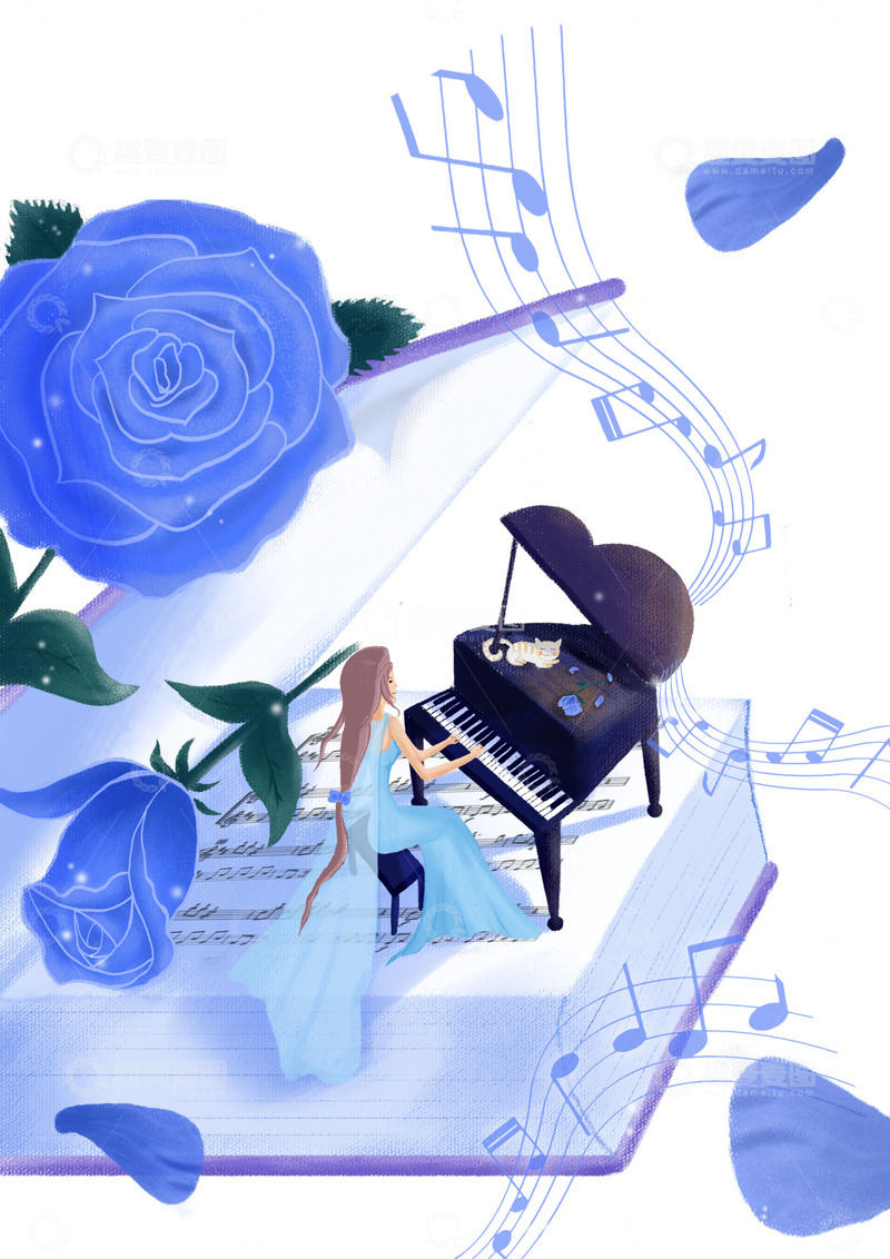 源文件下载【趣麦麦图】-玫瑰音乐元素弹钢琴的女人