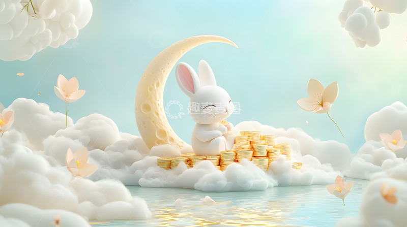高清大图下载【趣麦麦图】梦幻中秋节兔子月亮金色元宝节日