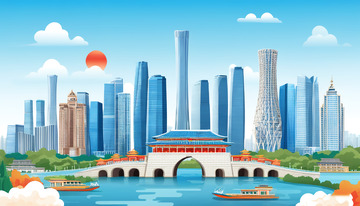 手绘卷轴北京地标山水插画