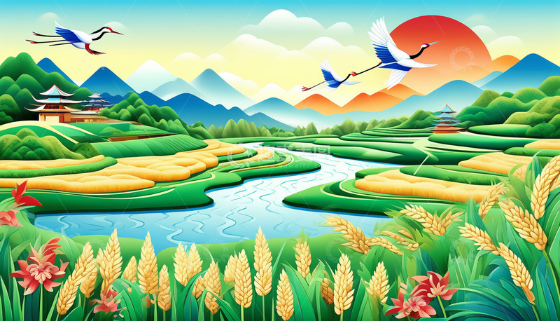 高清大图下载【趣麦麦图】秋收飞鹤插画