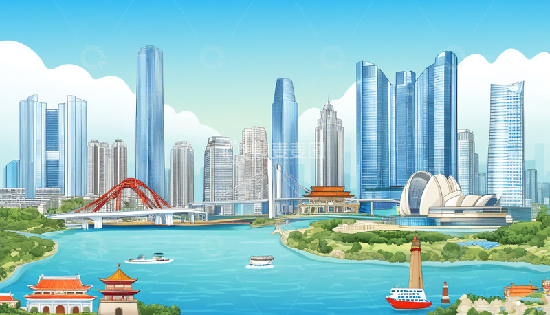 高清大图下载【趣麦麦图】汕头地标性建筑大厦插画