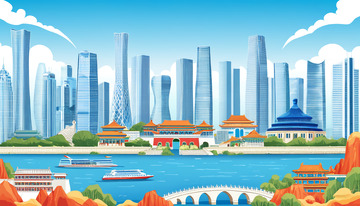 国潮风手绘卷轴北京地标山水插画