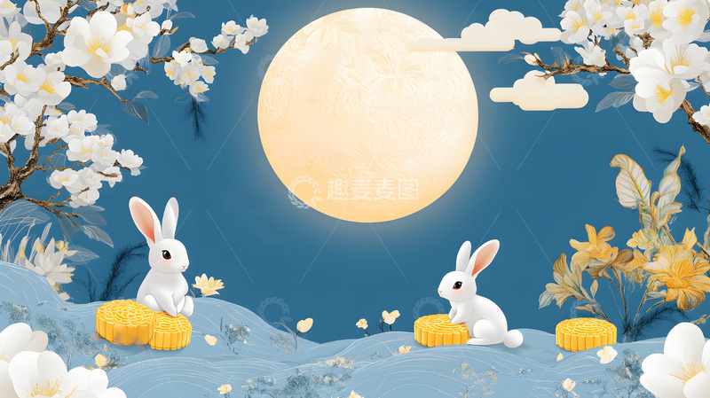 高清大图下载【趣麦麦图】C4D梦幻蓝色天空圆圆月亮中秋兔子