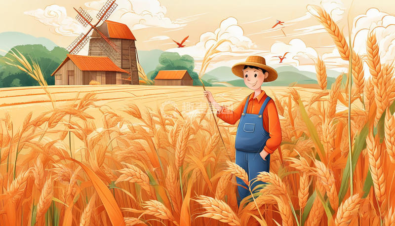 高清大图下载【趣麦麦图】秋季丰收的季节农民在麦田里收割麦子