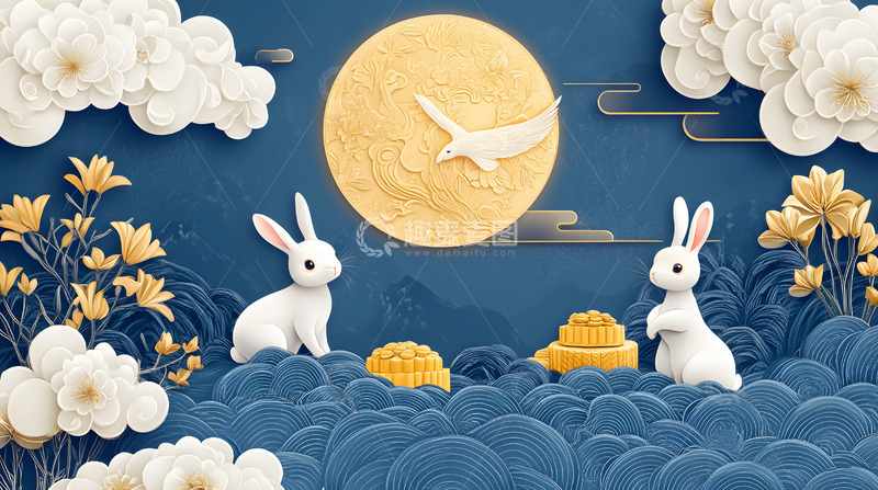 高清大图下载【趣麦麦图】C4D梦幻蓝色天空圆圆月亮中秋兔子