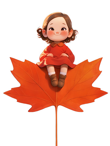 小女孩坐在枫叶上