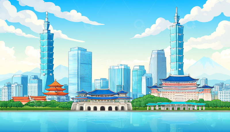 高清大图下载【趣麦麦图】台北城市建筑扁平矢量插画