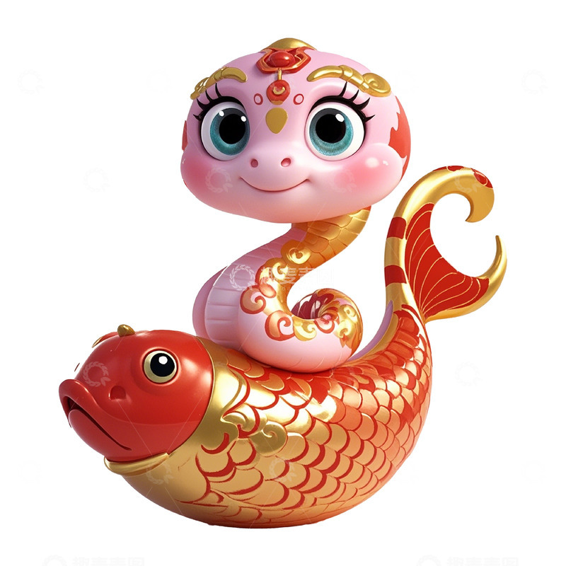 高清大图下载【趣麦麦图】坐在大锦鲤上的小蛇卡通3D素材