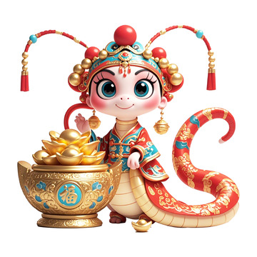 京剧扮相的生肖蛇聚宝盆3D卡通素材