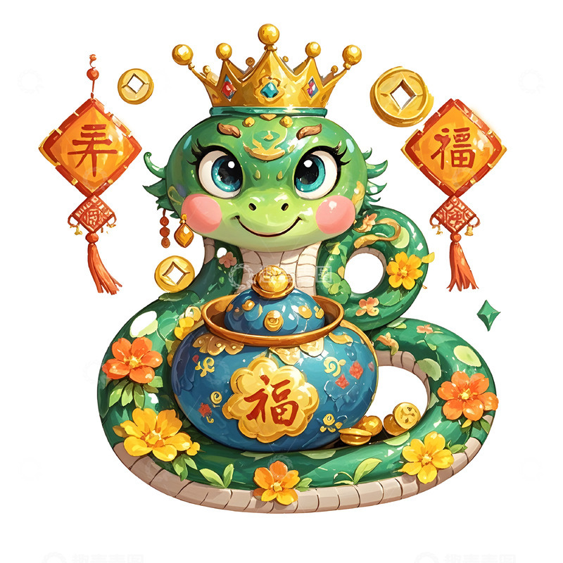 水彩风格的生肖蛇卡通IP素材