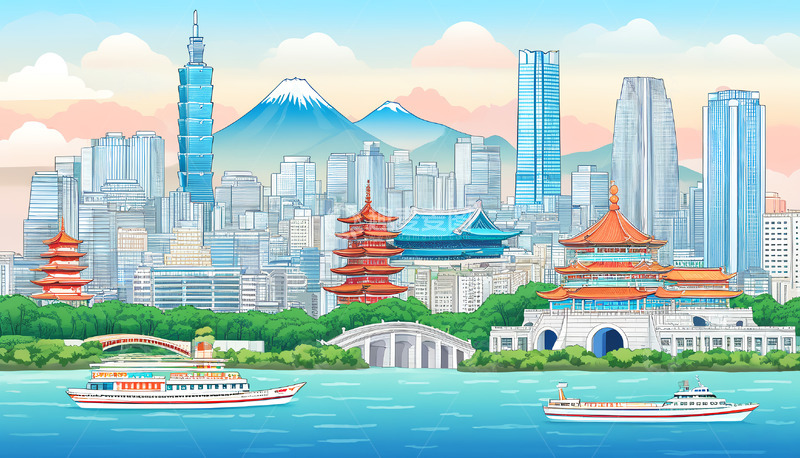 高清大图下载【趣麦麦图】台北城市建筑扁平古建筑插画