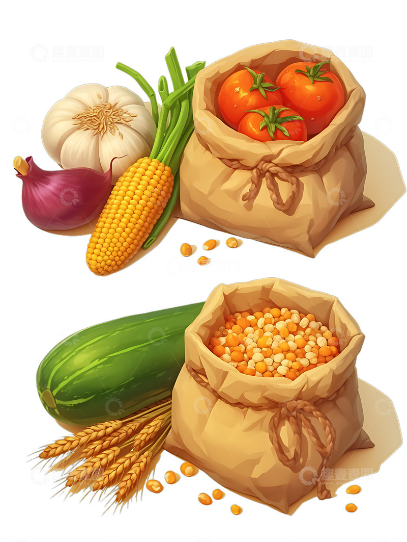 高清大图下载【趣麦麦图】丰收粮食蔬菜袋子