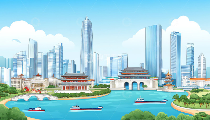 高清大图下载【趣麦麦图】汕头插画地标性建筑