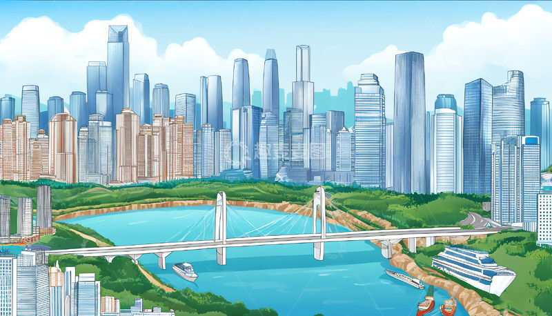 高清大图下载【趣麦麦图】重庆地标古建筑插画