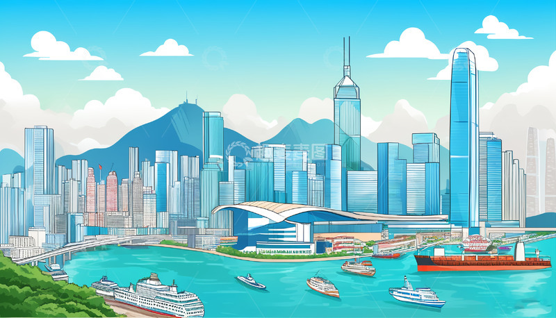 高清大图下载【趣麦麦图】香港地标古建筑现代大厦场景插画