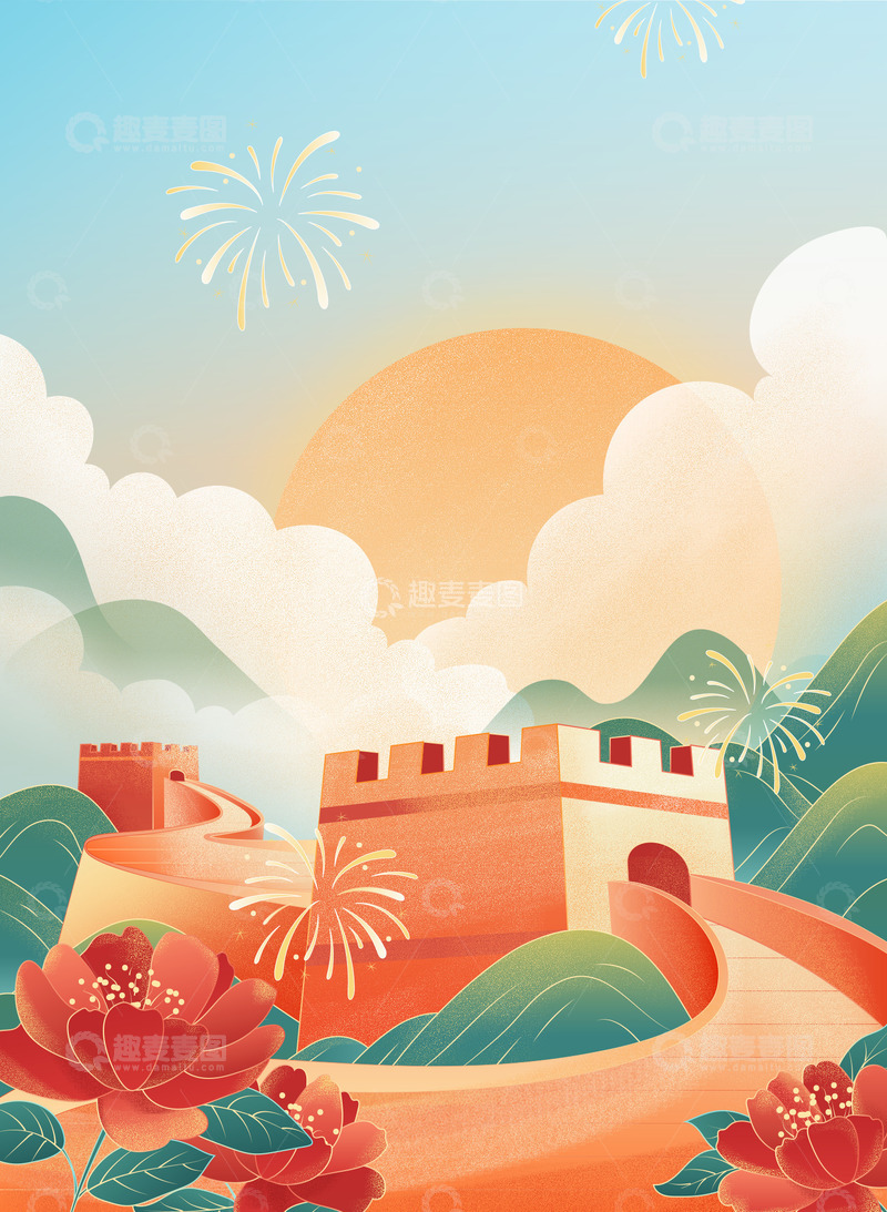 扁平插画国庆节长城描边背景插画