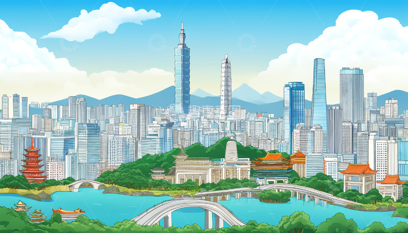 高清大图下载【趣麦麦图】台北地标城市建筑扁平热插画