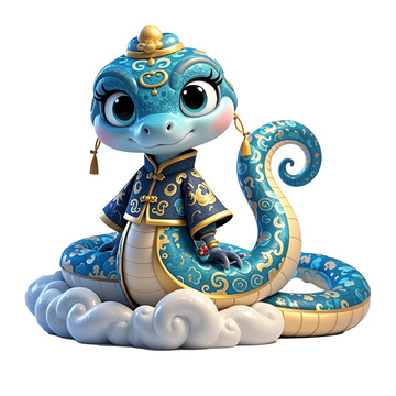 蓝色金色花纹生肖蛇卡通3D素材