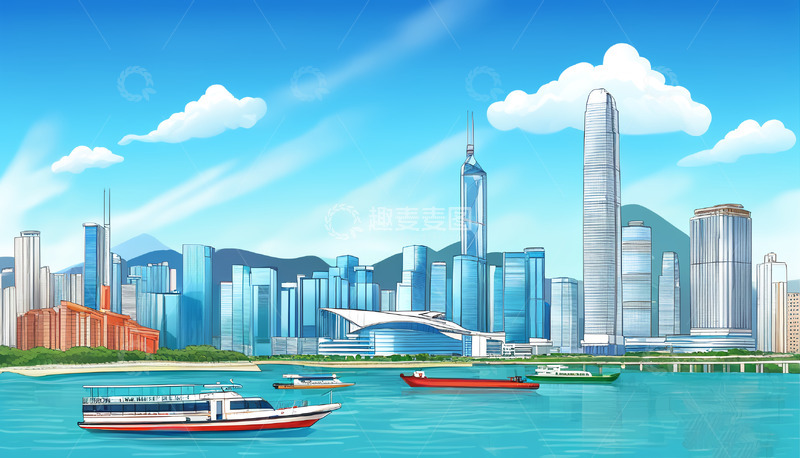 高清大图下载【趣麦麦图】香港地标古建筑现代大厦插画